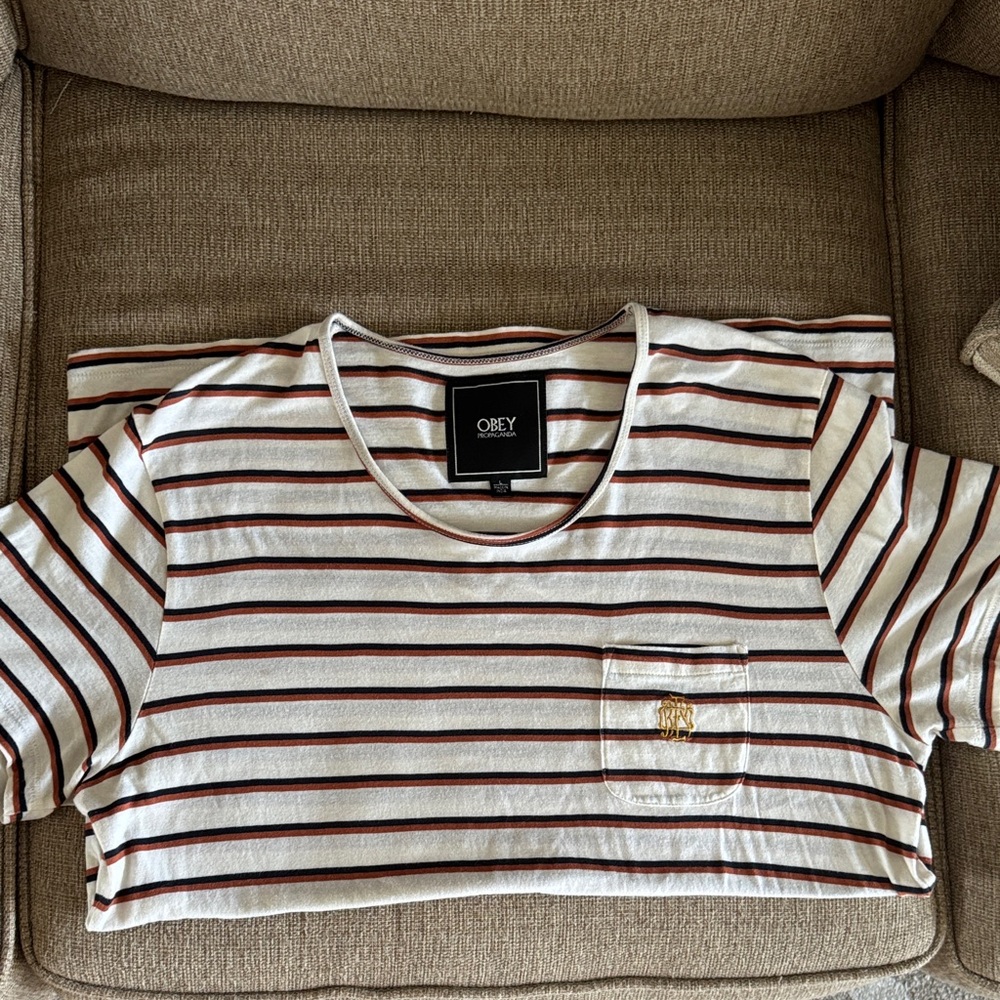 Obey White and Black Striped Tee with Pocket